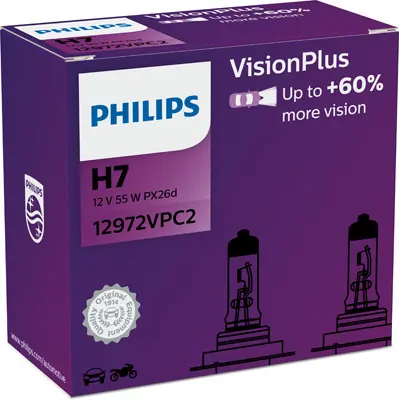 Set 2 becuri incandescente PHILIPS Vision Plus H7 12V 12972VPC2