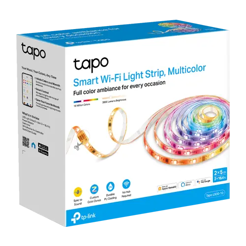 Set 2 benzi LED RGBW smart, 2 x 5 m, Wi-Fi 2.4 GHz, fara hub, TP-LINK Tapo L930-10