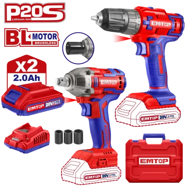 Set 2 buc. bormasina de insurubat si impact cu 2 acumulatori 2.0AH, 3 accesorii, cutie de transport - ECKL20072, EMTOP