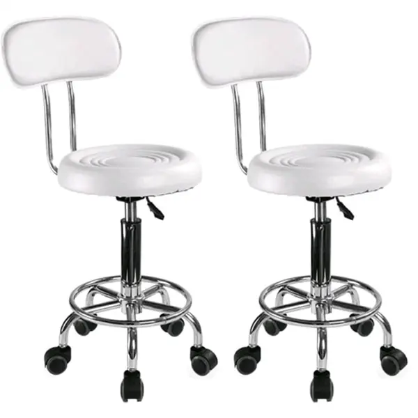 Set 2 bucati - Scaun hidraulic cu spatar si roti, Alb, Taburet rotativ, Pentru salon, Cosmetica, Manichiura, Pedichiura, Frizerie, Coafor, Cu suport pentru picioare