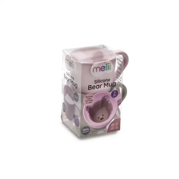 Set 2 cani pentru copii cu interior urs,silicon,200 ml,roz-mov