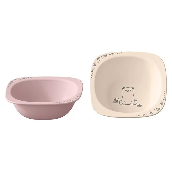 Set 2 castroane pentru mancarea copiilor cu motive gravate laser, din materiale naturale regenerabile, fara BPA, fara melamina, lavabile in masina de spalat vase, Made in Germany, 4+ luni, roz, nip