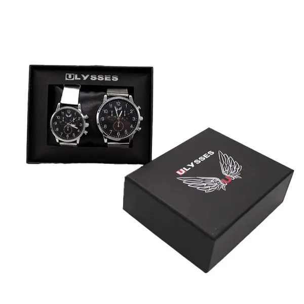 Set 2 ceasuri Ulysses dama si barbatesc, cu bratara din otel inoxidabil, Silver