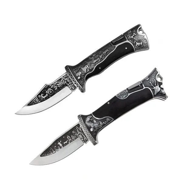 Set 2 cutite pliabile de vanatoare DEPOX , lama inox clip point, maner metal si lemn, sistem back lock, negru, 23 cm