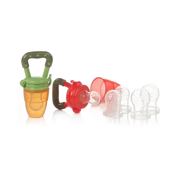 Set 2 dispozitive de hranire Jane Multicolor pentru fructe si legume cu 6 adaptoare din silicon, fara BPA, 6+ luni