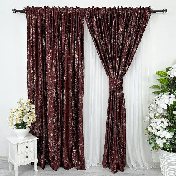 Set 2 Draperii Catifea CRETA cu insertii aurii - 200cm x 232cm ,Rejansa pt. bara , Visiniu - V10