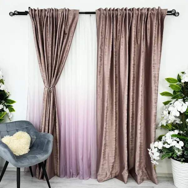 Set 2 Draperii Catifea cu model Venti, Lila, 140cm latime x 260cm inaltime, cu tiv lat pt bara