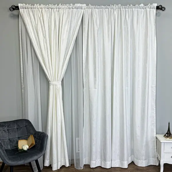 Set 2 Draperii din Jacquard model Nisip, 140cm latime x 260cm inaltime, cu TIV LAT, ALB