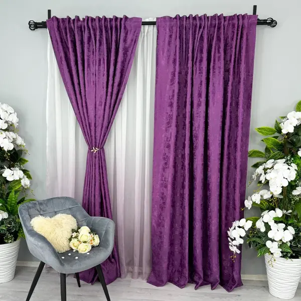 Set 2 Draperii din Jacquard model Nisip, Mov, 140cm latime x 260cm inaltime, cu tiv lat pt bara