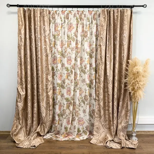 Set 2 Draperii Jacquard, Spiral, 150cm latime x 270cm inaltime, Bej + Perdea 400cm latime x 270cm inaltime, din Matase Imprimata, Autumn Flowers