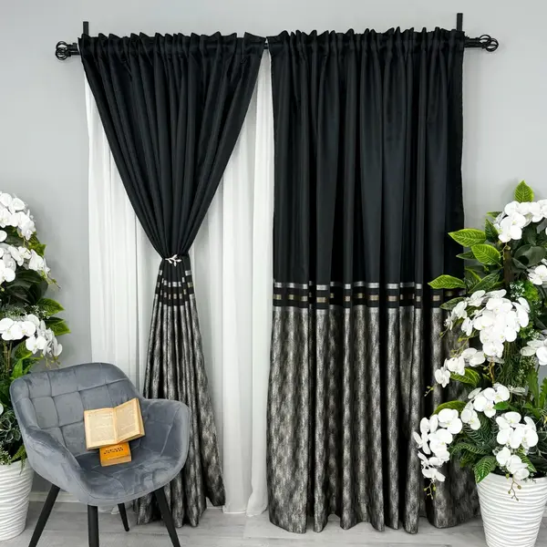 Set 2 Draperii Lines, Satinata, Texturata, Negru, 140cm latime x 260cm inaltime, cu tiv lat pt bara