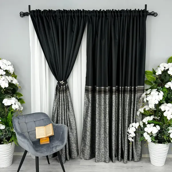 Set 2 Draperii Simplicity, Satinata, Texturata, Negru cu Gri, 140cm latime x 260cm inaltime, cu tiv lat pt bara