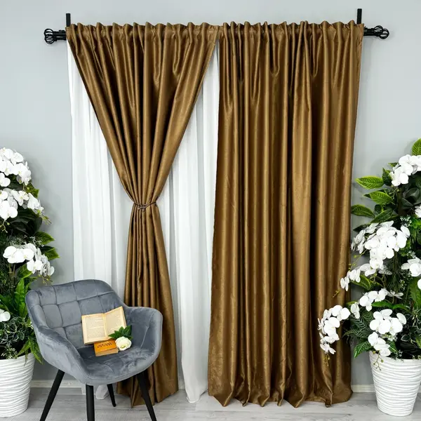 Set 2 Draperii Soft Touch, cu Aspect Fin si Tenta Satinata, 140cm latime x 260cm inaltime, cu TIV LAT, Maro Bronz