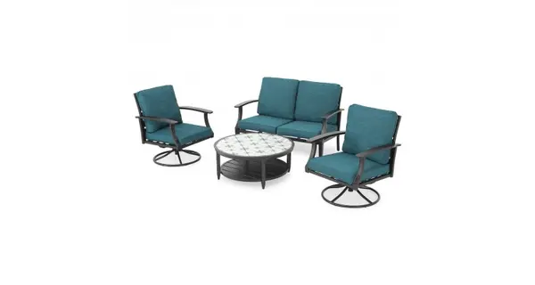 Set 2 fotolii rotative, canapea 2 locuri si masuta rotunda MIRABEL negru cu verde
