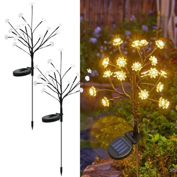 Set 2 Lampi Solare Decorative Ramura cu Flori LED 65cm IP66 Iluminare Calda Automata