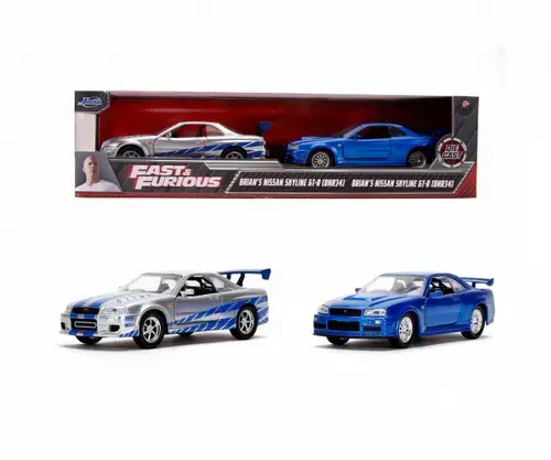 Set 2 masini Fast & Furious - Brian's Nissan Skyline 1:32 (Albastru/Gri)