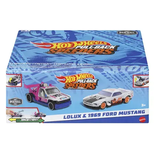 Set 2 masinute metalice Hot Wheels Pull Back - Lolux si 1969 Ford Mustang, 1:43