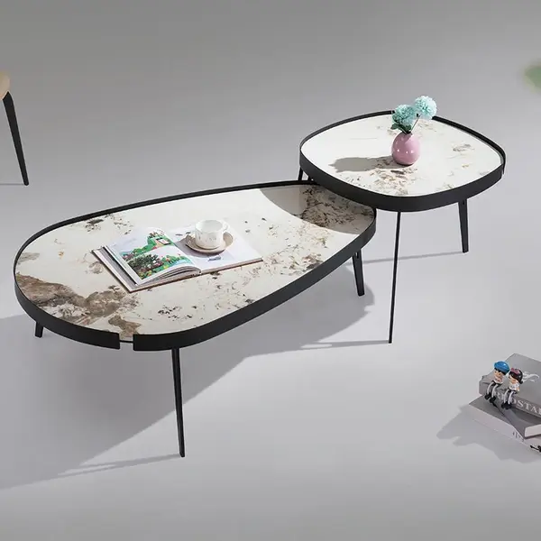 Set 2 Masute de Cafea Moderne din Piatra Sinterizata, Finisaj Lucios, Rezistente la Caldura si Pete, Design Elegant pentru Living