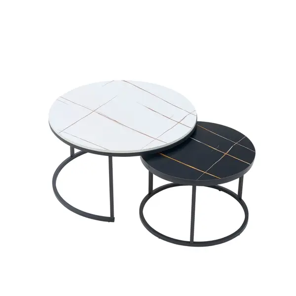 Set 2 masute rotunde de cafea cu efect de marmura, diametru 70/50 cm, blat MDF, cadru metalic