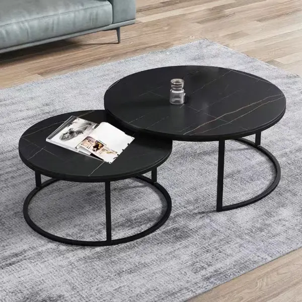 Set 2 masute rotunde de cafea cu efect de marmura, diametru 70/50 cm, blat MDF, cadru metalic