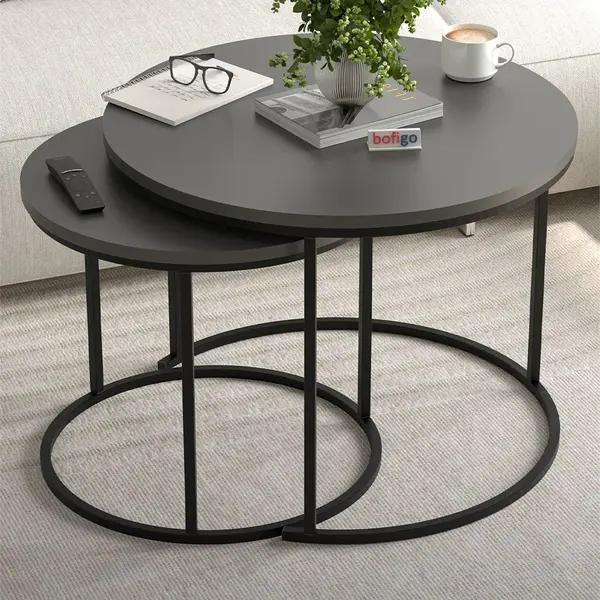 Set 2 Masute Suprapuse pentru Living, Masute de Cafea si Laterale cu Cadru Metalic