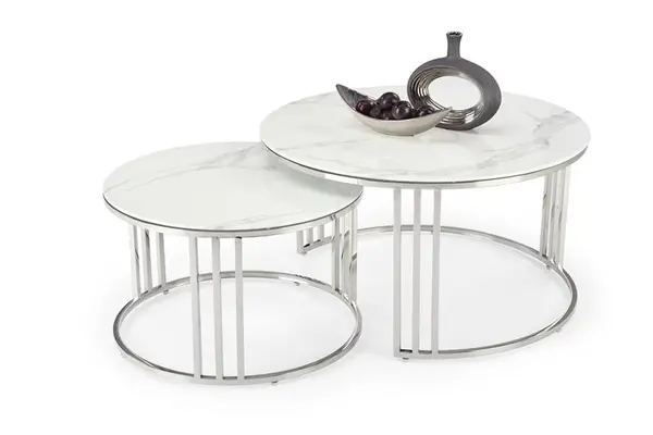 Set 2 mese de cafea Mercury 2 marmura alba/argintiu