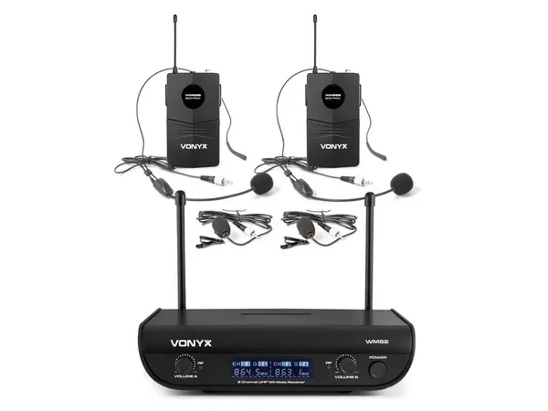 Set 2 microfoane lavaliera si 2 microfoane cu casca wireless UHF, transmitator cu afisaj, iesiri Jack 6.3mm, XLR, baterii 2x AA 3V, Vonyx WM82B