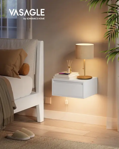 Set 2 noptiere suspendate cu LED, Kailyn, Alb, 40x35x18 cm