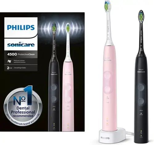 Set 2 Periute de dinti electrice PHILIPS Sonicare Protective Clean 4500 HX6830/35, 2 programe, 62000 miscari/min, 2 capete (Negru/Roz)
