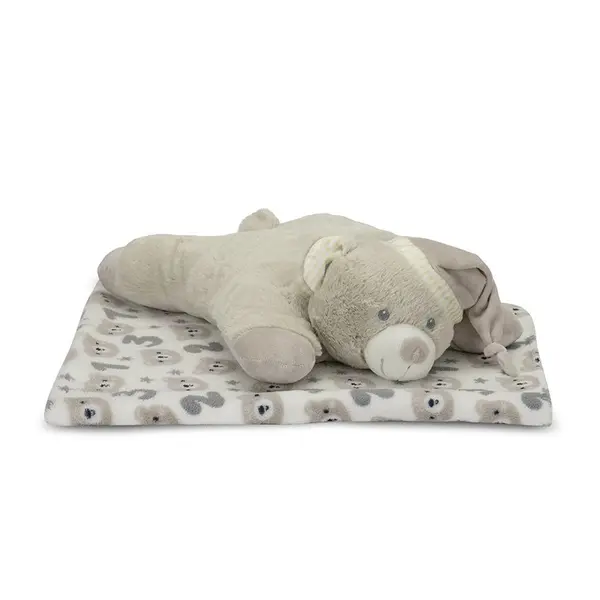 Set 2 piese, paturica moale 90 x 75 cm, pernuta in forma de ursulet 45 x 30 cm Poffy Beige 0 luni+