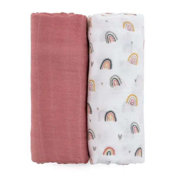Set 2 scutece PetiteMars din muselina de bambus Misty Rose Rainbow hipoalergenice 120 x 120 cm multicolor