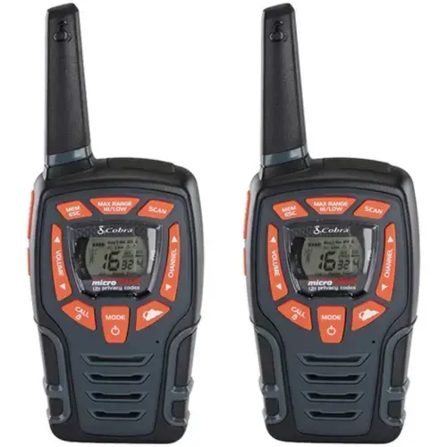 Set 2 statii walkie-talkie Cobra AM855 , raza pana la 10 km , 16 canale si 121 coduri private , design robust , rezistent la apa (IPX2) , lanterna LED , dock incarcare , 6 acumulatori (Negru)