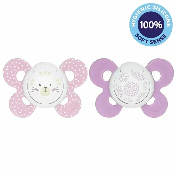 Set 2 suzete bebelusi, Chicco, Physio Comfort, Ortodontice, Suprafata moale, Fara BPA, 6-16 luni, Motive animale, Roz