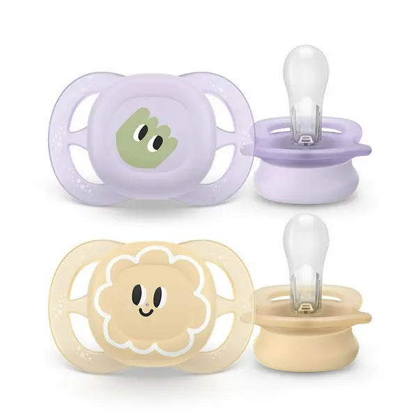 Set 2 suzete bebelusi, Philips Avent, Ultra Start, Ortodontice, Silicon moale, Usoare, Fara inel si fara BPA, Conceputa pentru gurite micute, 0-2 luni, Deco Galben/Mov