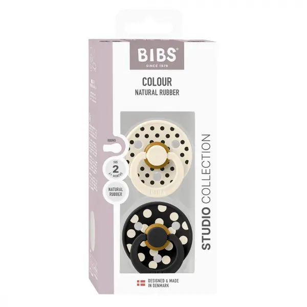 Set 2 suzete Bibs Colour Studio Collection Polka Dots tetina rotunda 6 luni+ IvoryBlack