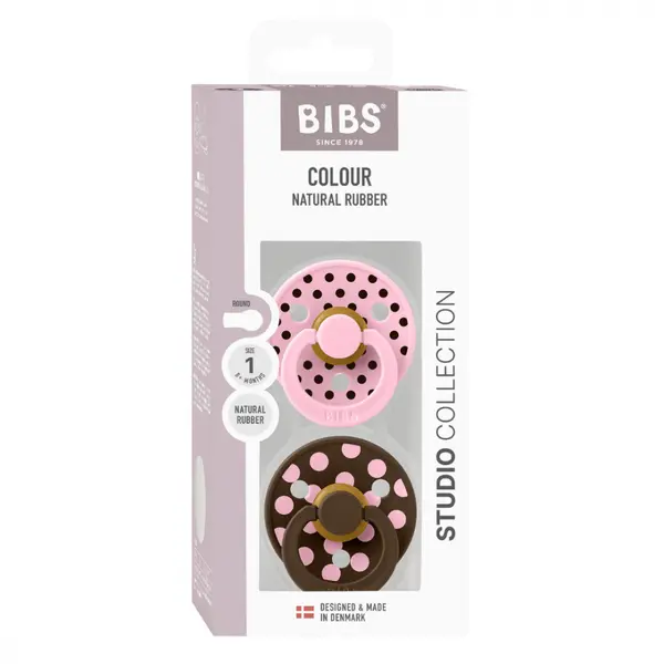 Set 2 suzete Bibs Colour Studio Collection Polka Dots tetina rotunda 0 luni+ Baby PinkMocha