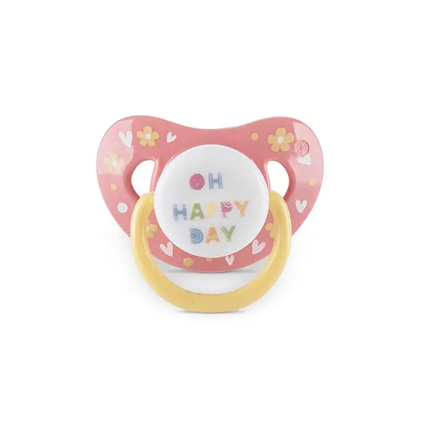 Set 2 suzete din silicon moale cu capac si tetina rotunda 6 luni+ Yellow Pink
