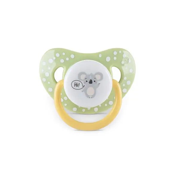Set 2 suzete din silicon moale cu capac si tetina rotunda 6 luni+ Yellow Green