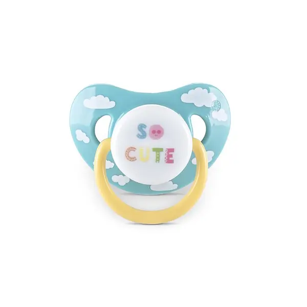 Set 2 suzete din silicon moale cu capac si tetina rotunda 6 luni+ Yellow Blue