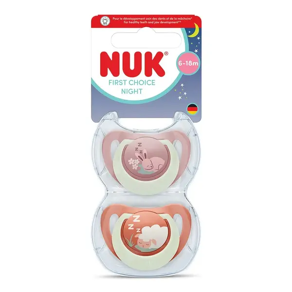 Set 2 Suzete NUK First Choice Night Silicon Cutie Depozitare Iepure/Oita 6-18 luni