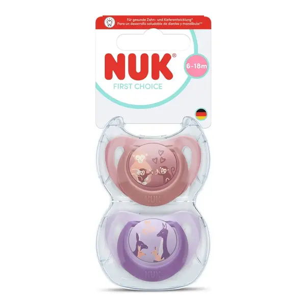 Set 2 Suzete NUK First Choice Silicon Cutie Depozitare Maimuta/Cangur 6-18 luni