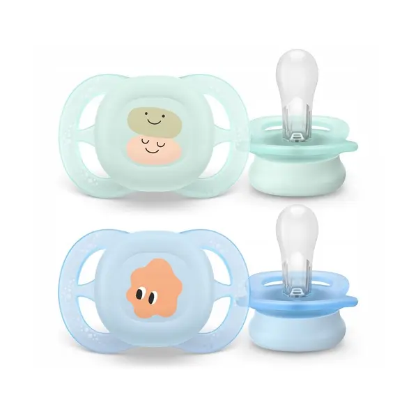 Set 2 suzete, Philips Avent, Colectia Ultra Start, Ortodontice, Fara BPA, Sustenabile, Conceputa pentru gurite micute, 0-2 luni, Cu model, Verde/Albastru