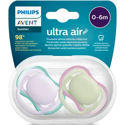 Set 2 suzete Philips-Avent SCF085/24, ultra air pacifier 0-6 luni, Ortodontice, fara BPA, Mov/Verde