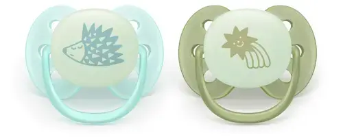 Set 2 suzete Philips Avent SCF094/01,Ultra soft Nighttime 0-6 luni,fosforescent, 2 buc (Verde/Albastru)