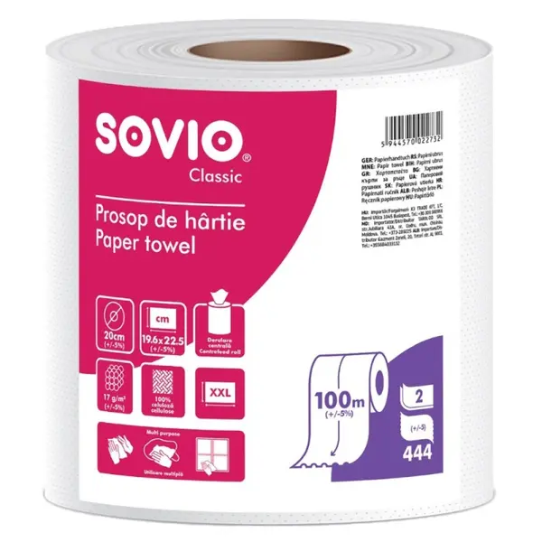 Set 2 x Prosop de Bucatarie, 2 Straturi, 100 m, 19.6 x 22.5 cm, 6 Role, 444 Foi, Sovio