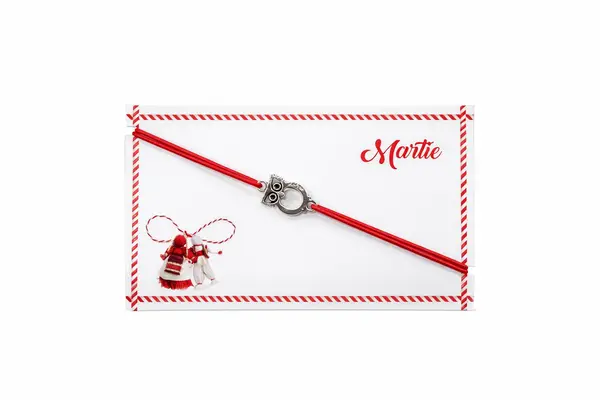 Set 24 bratari martisor 8x5 cm snur rosu cu charm bufnita, cadou primavara
