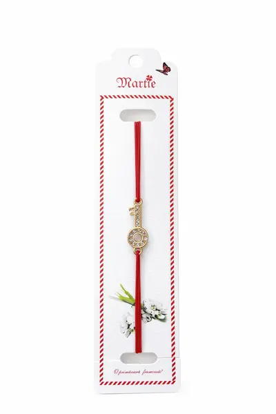 Set 24 Bratari Martisor Cheia Succesului Aurie cu Strasuri, Snur Rosu, 12x3 cm