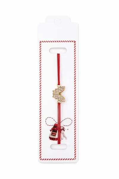 Set 24 Bratari Martisor cu Fluturas Auriu si Strasuri, Snur Rosu Elastic