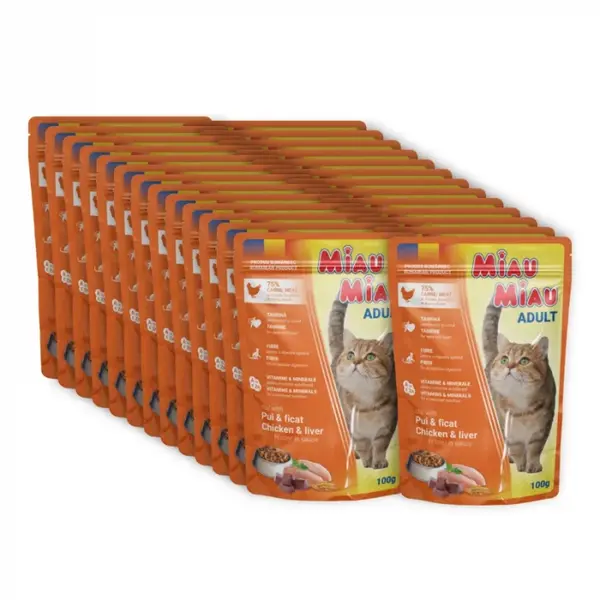 Set 24 buc x 100 gr Hrana umeda pentru pisici Miau Miau cu pui ficat in sos