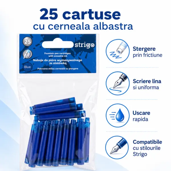Set 25 rezerve pentru Stiloul cu stergere Strigo cu Cerneala Albastra , stergere prin Frictiune